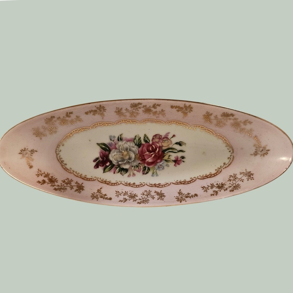 Arnart 5th Ave Hand Painted Porcelain Oval Tray Pink Gold Floral 2113‎ Vintage